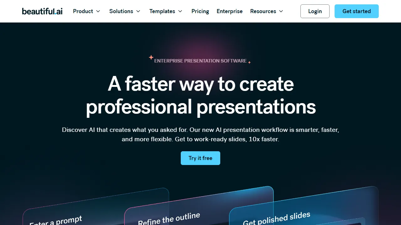 Beautiful.ai homepage, presentation AI tool