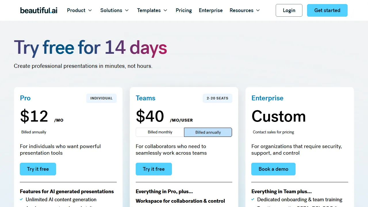 Beautiful.ai pricing page: plans and rates
