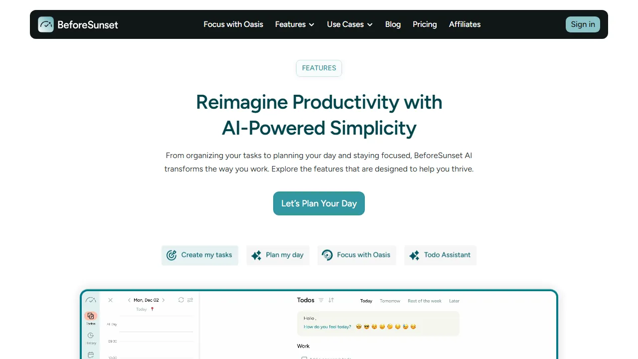 BeforeSunset features, productivity AI tool