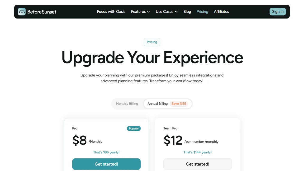 BeforeSunset pricing page: plans and rates