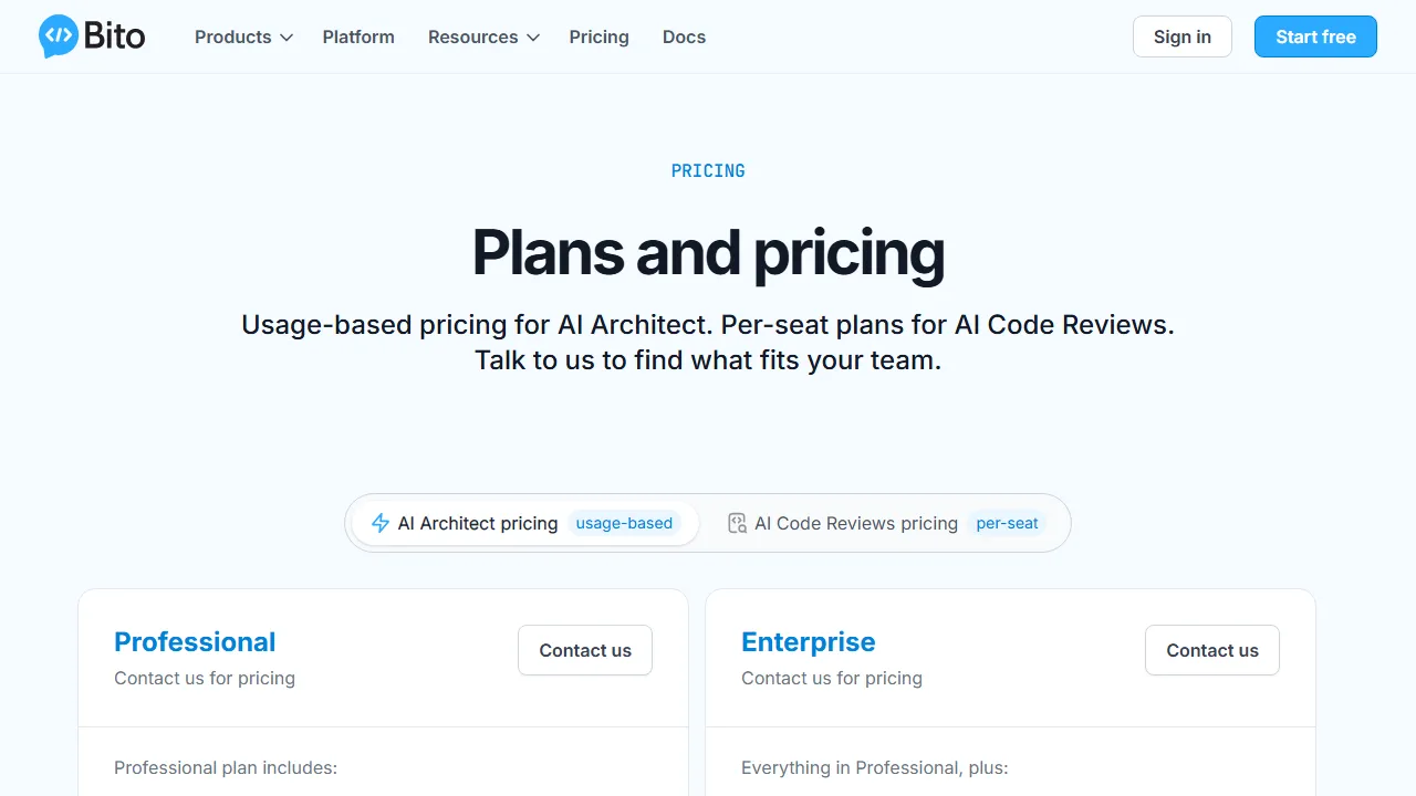 Bito pricing page: plans and rates