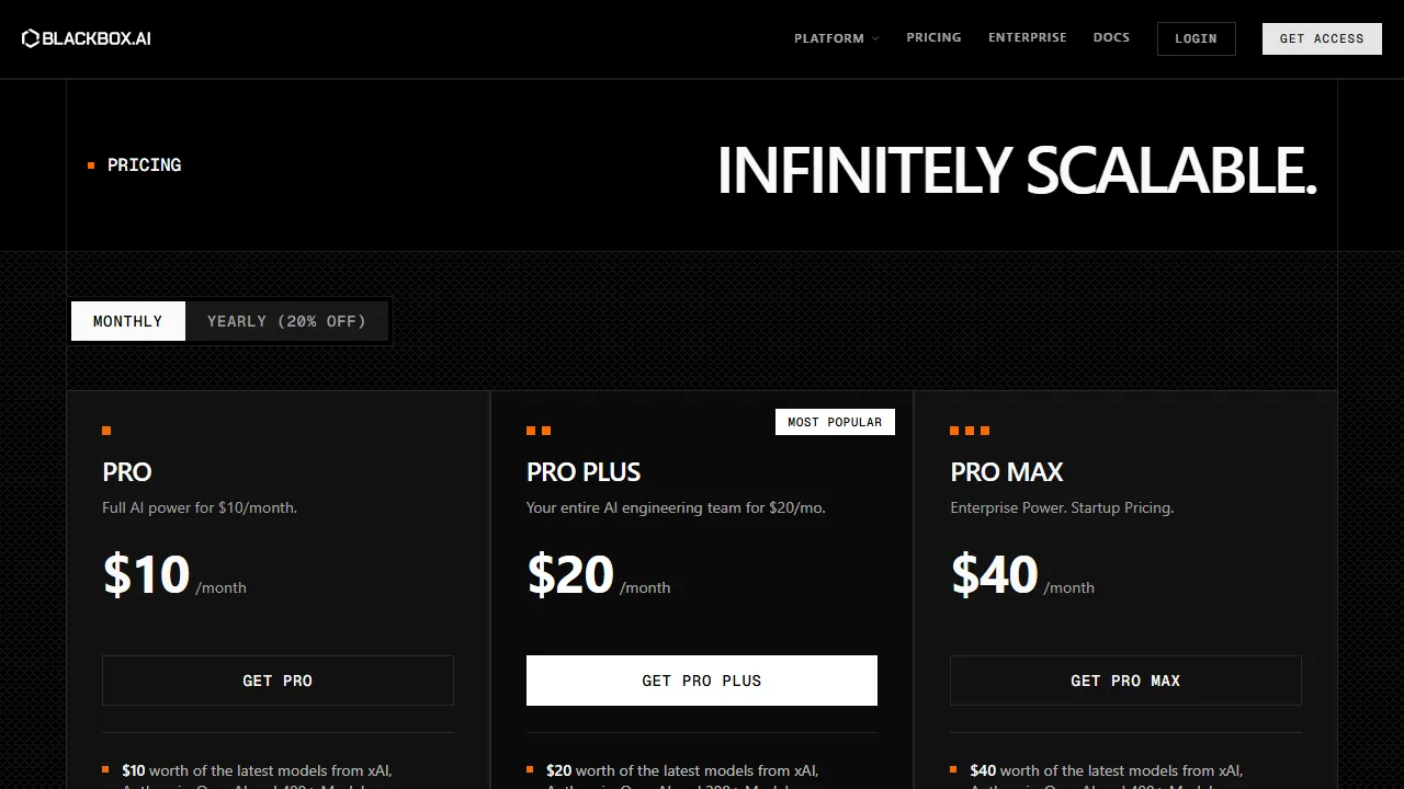 BlackBox AI pricing page: plans and rates
