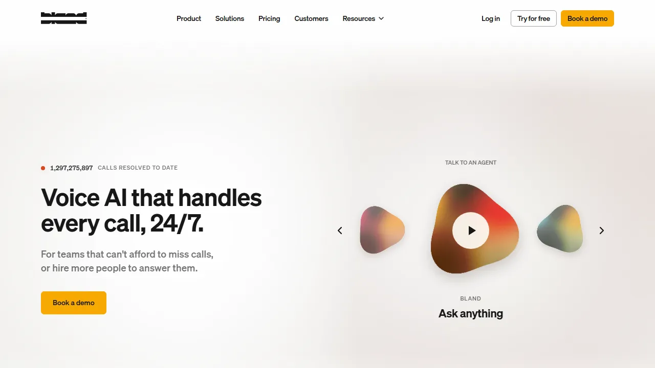 Bland AI homepage, voice & audio AI tool