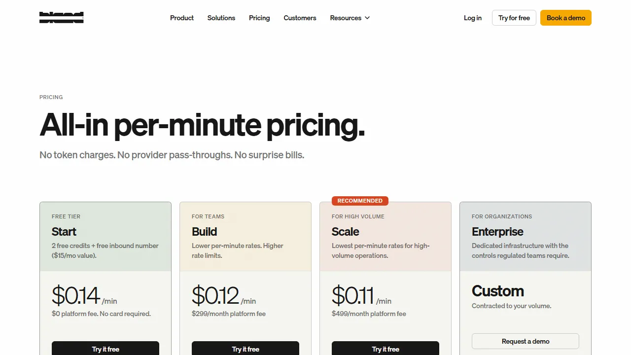 Bland AI pricing page: plans and rates