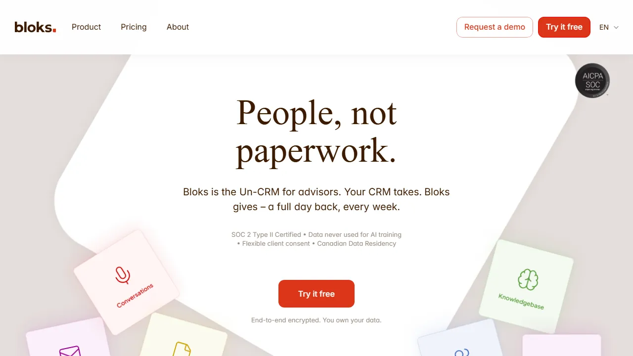 Bloks homepage, productivity AI tool
