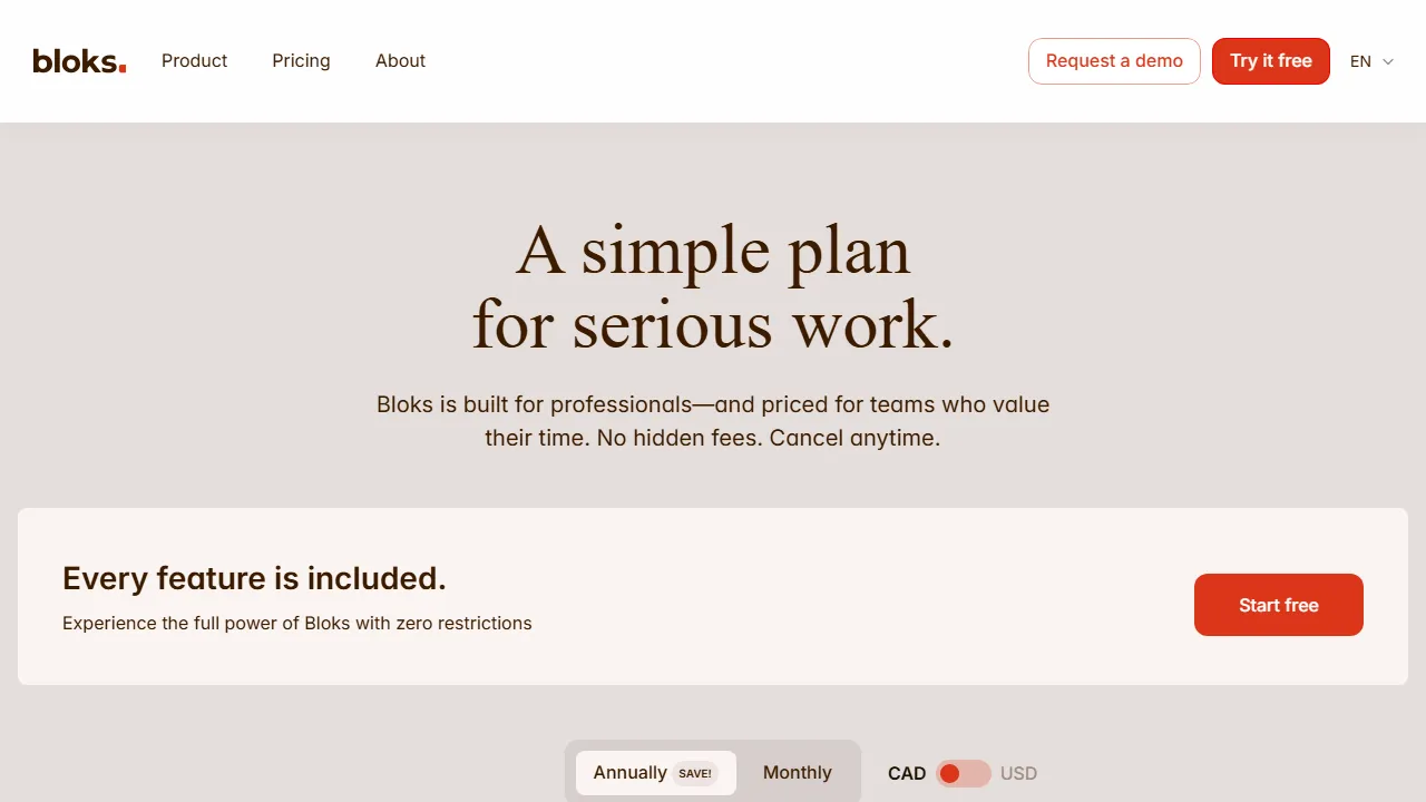 Bloks pricing page: plans and rates