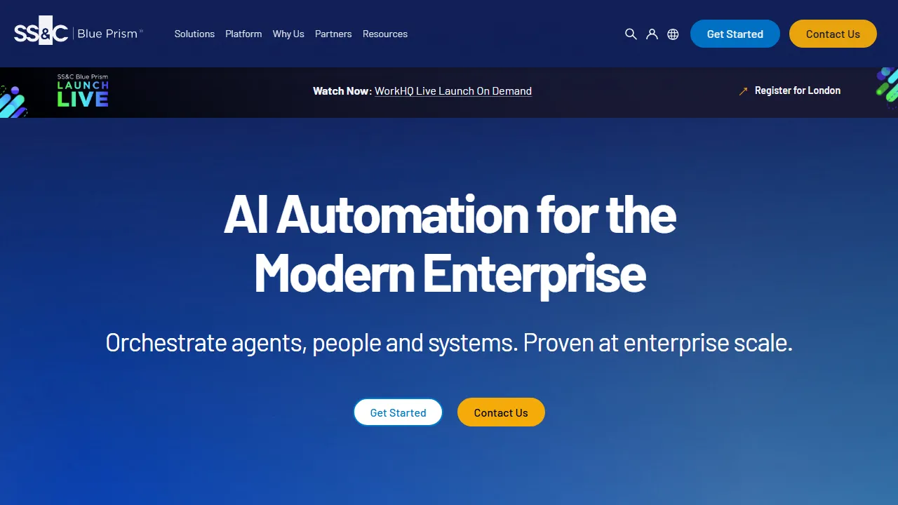 Blue Prism homepage, automation AI tool