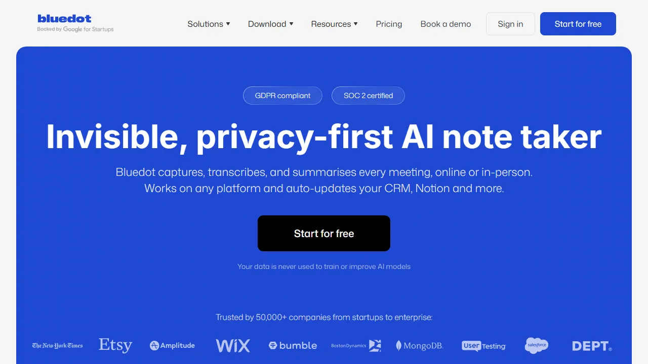 Bluedot homepage, transcription & meetings AI tool