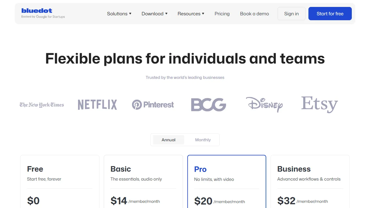 Bluedot pricing page: plans and rates