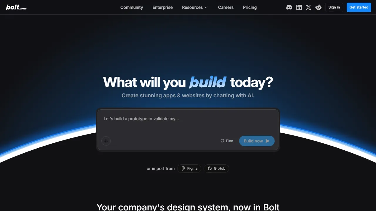 Bolt homepage, no-code AI tool