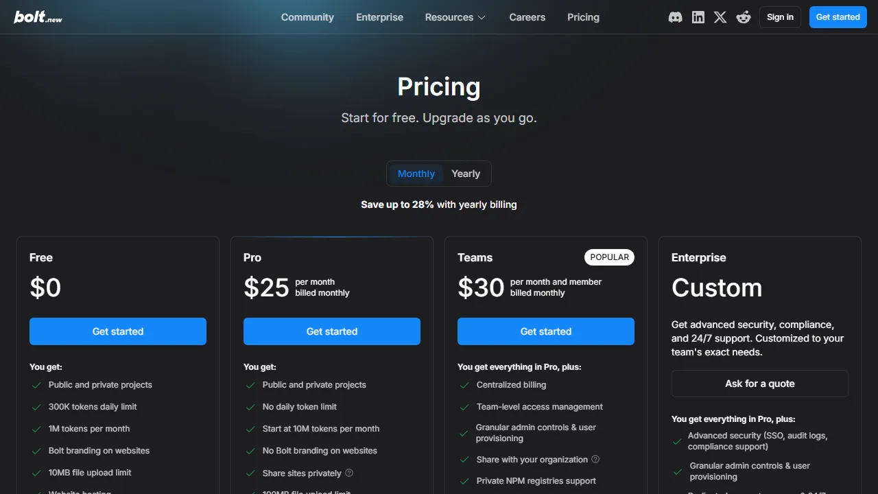 Bolt pricing page: plans and rates