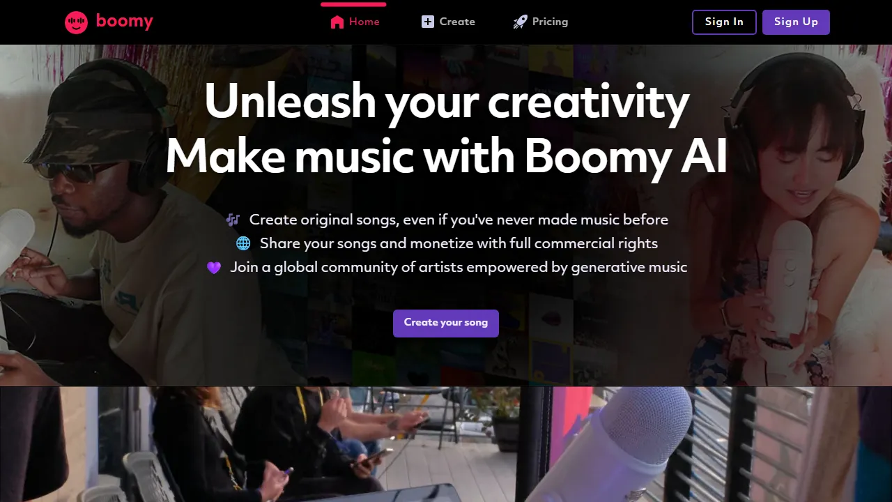 Boomy homepage, music AI tool