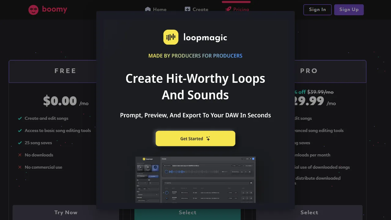 Boomy pricing page: plans and rates
