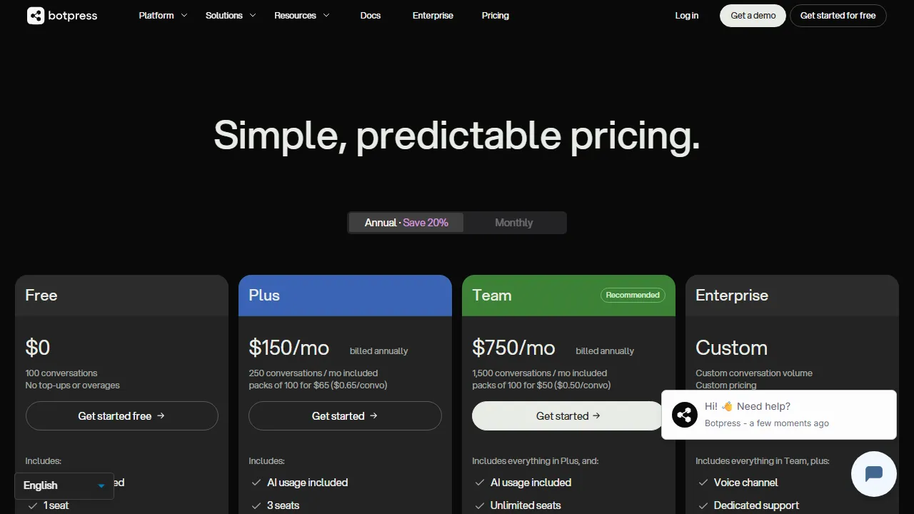 Botpress pricing page: plans and rates