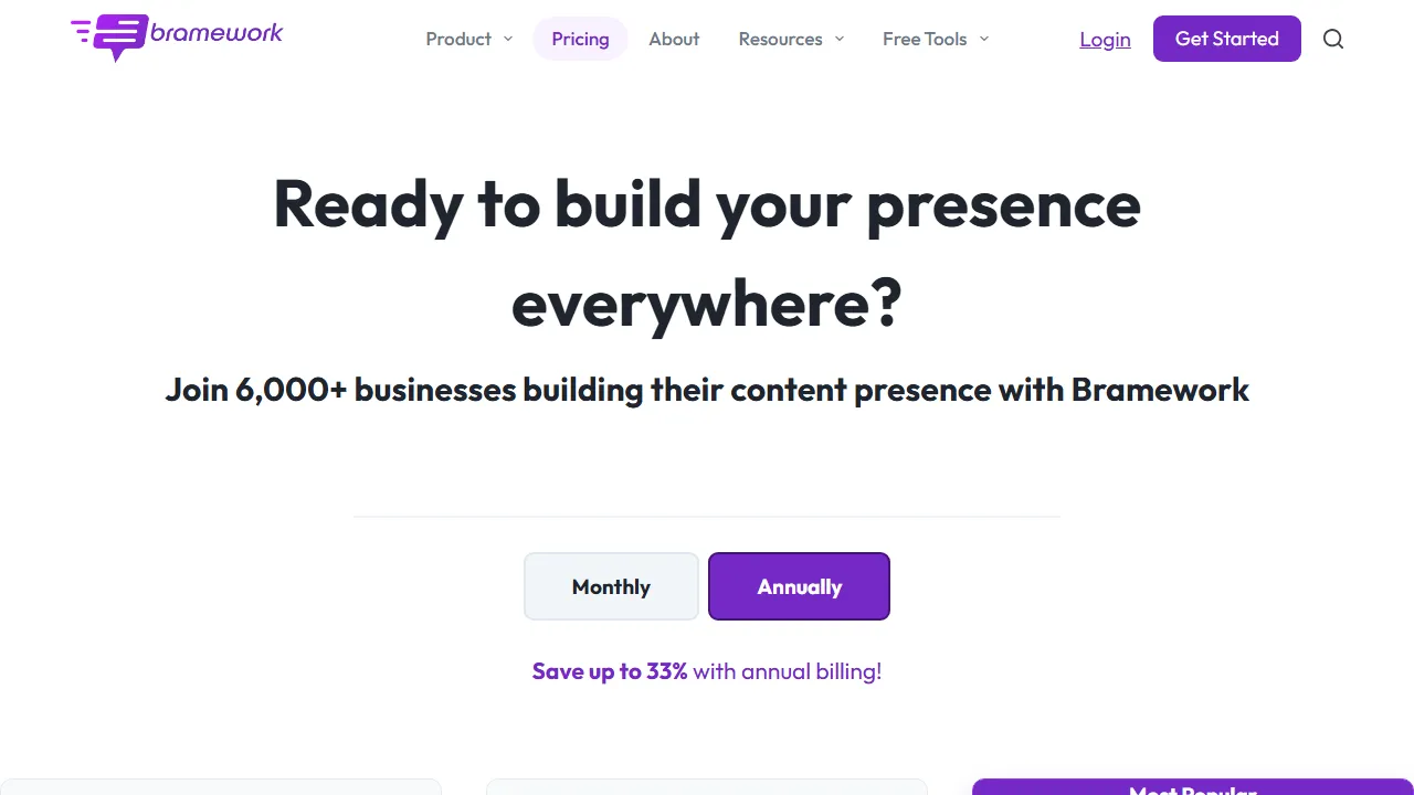 Bramework pricing page: plans and rates