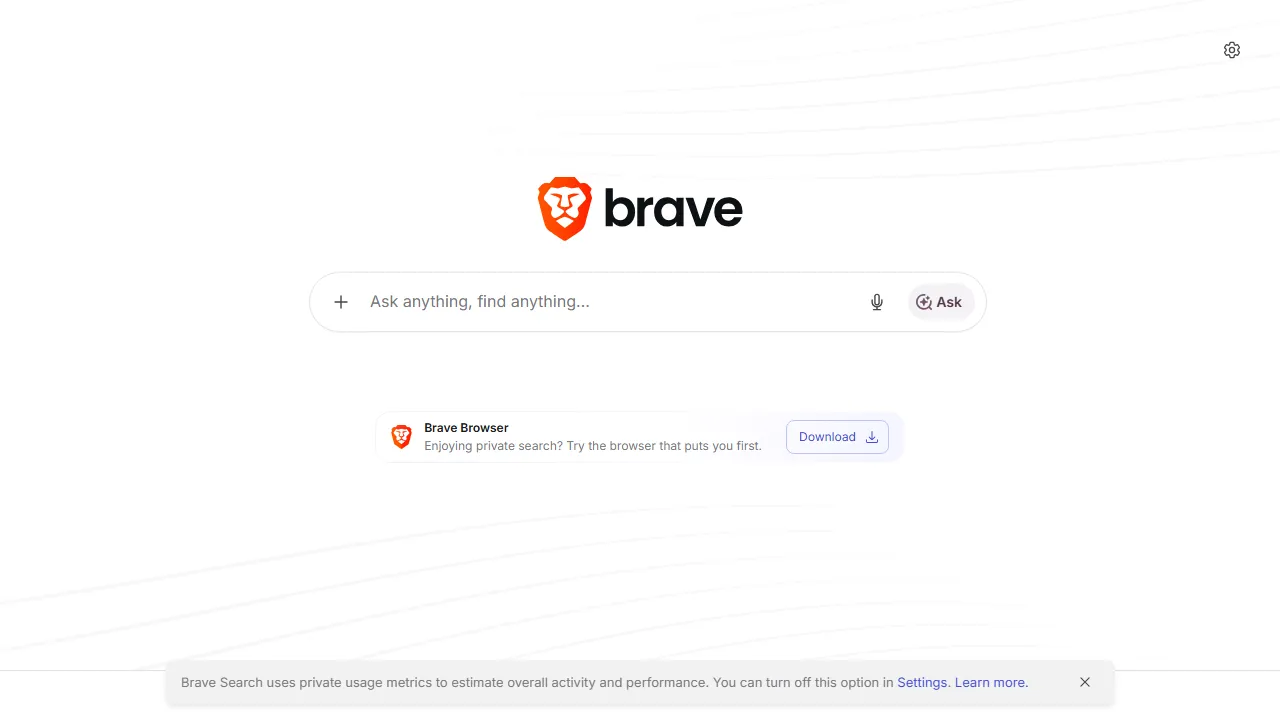 Brave Search homepage, search AI tool
