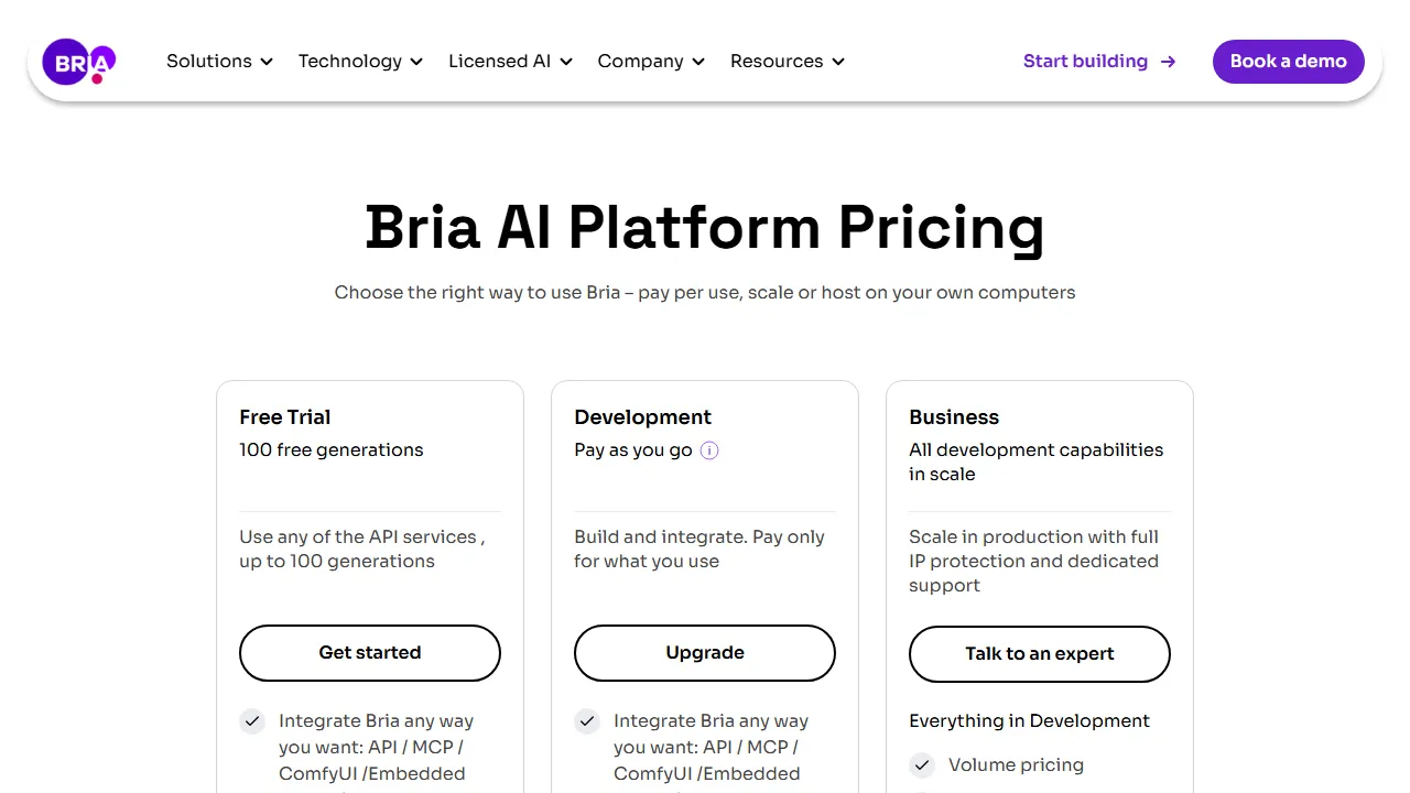 Bria pricing page: plans and rates