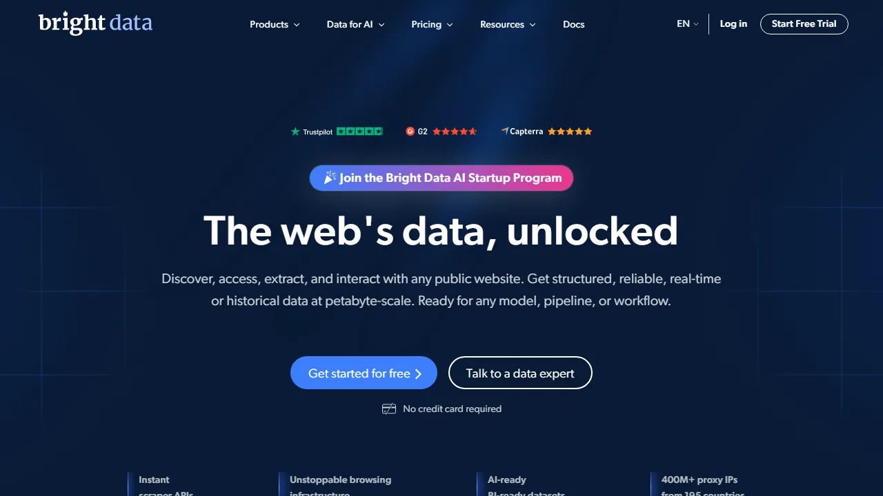 Bright Data homepage, automation AI tool