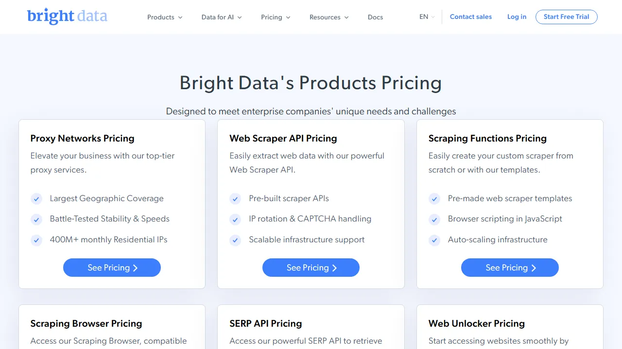 Bright Data pricing page: plans and rates
