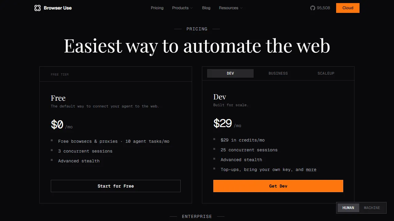 Browser Use pricing page: plans and rates