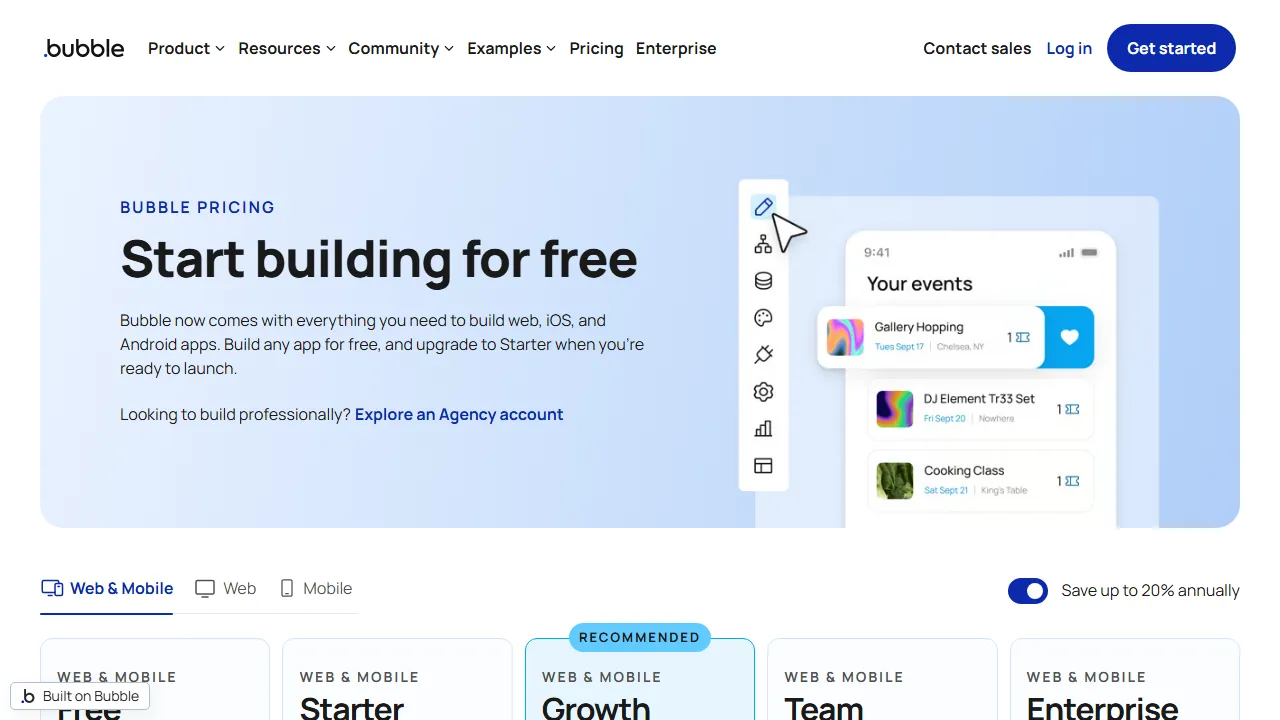 Bubble pricing page: plans and rates
