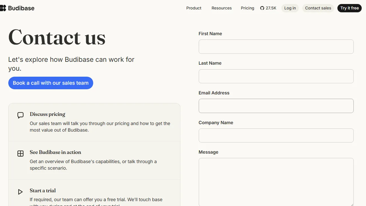 Budibase homepage, no-code AI tool
