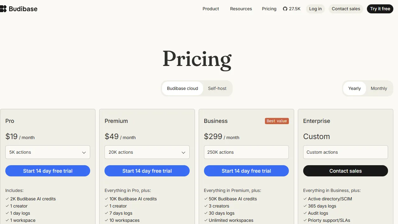 Budibase pricing page: plans and rates