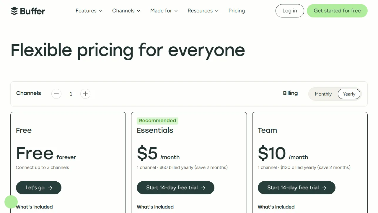 Buffer AI pricing page: plans and rates