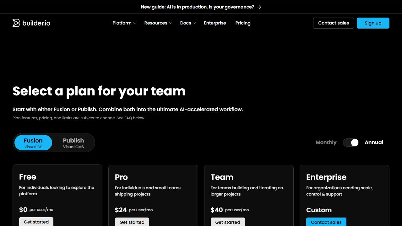 Builder.io pricing page: plans and rates