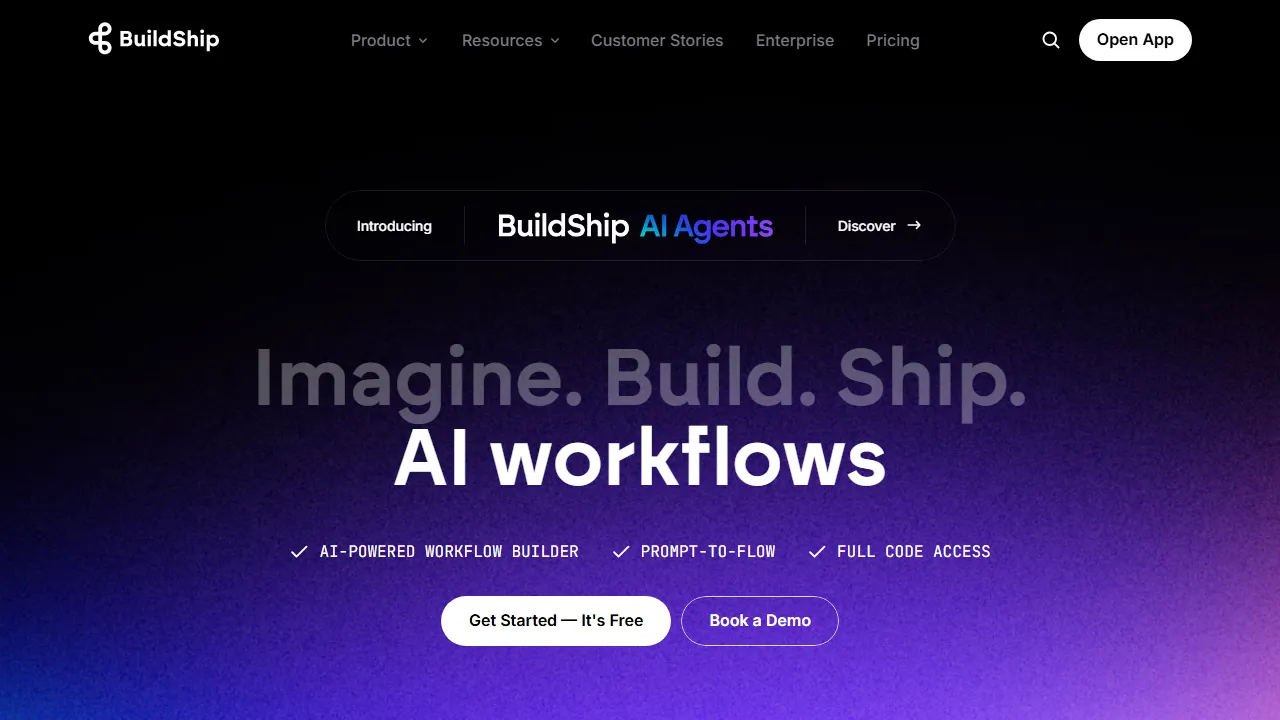 BuildShip homepage, no-code AI tool