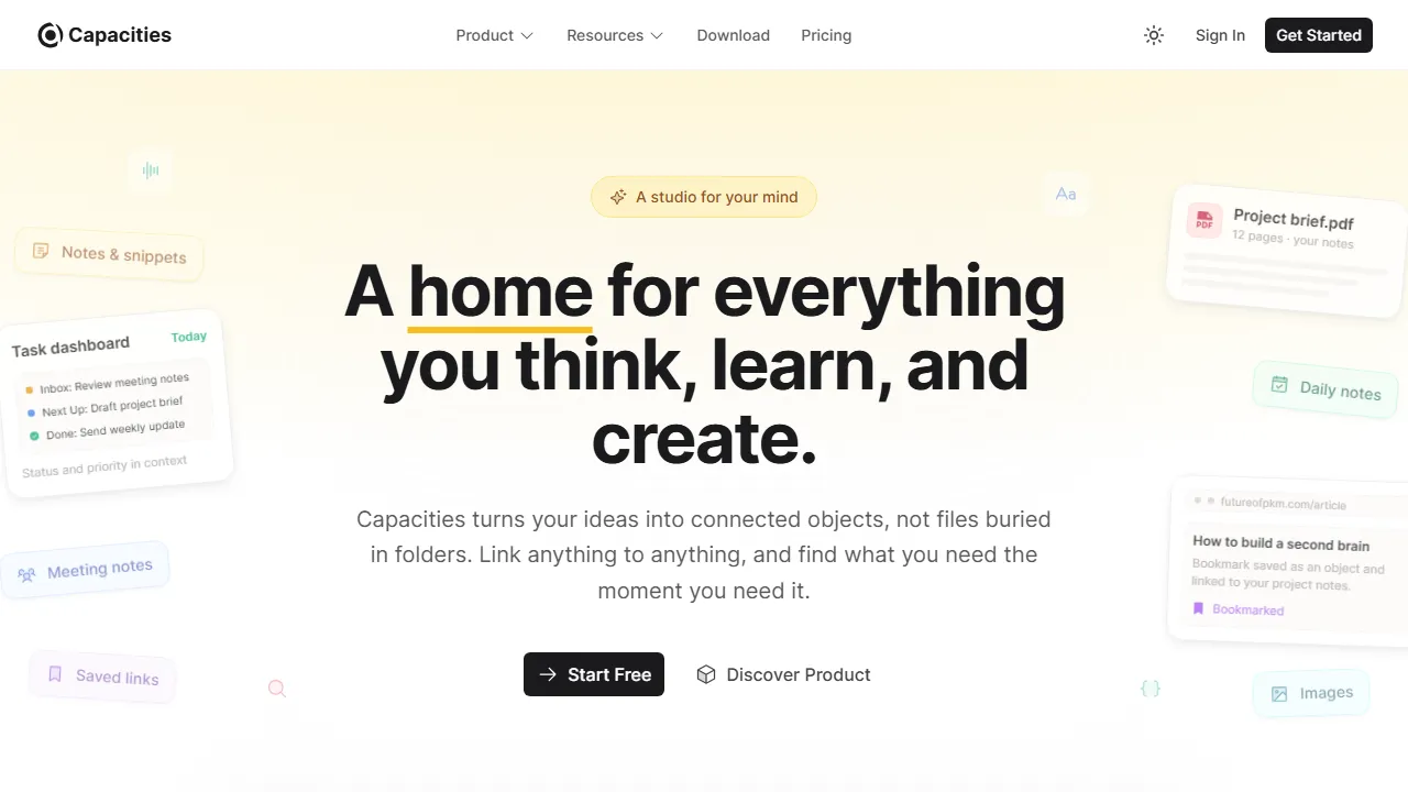 Capacities homepage, productivity AI tool
