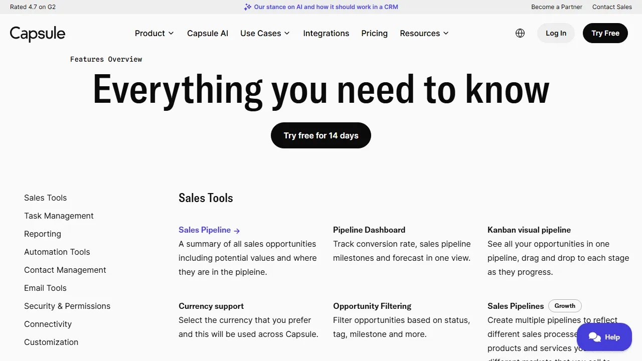 Capsule CRM features, customer support & sales AI tool