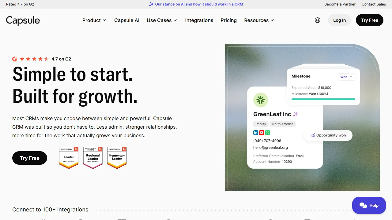 Capsule CRM homepage, customer support & sales AI tool