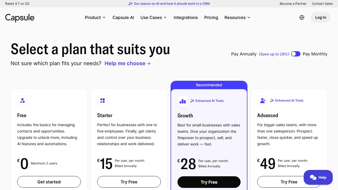 Capsule CRM pricing page: plans and rates