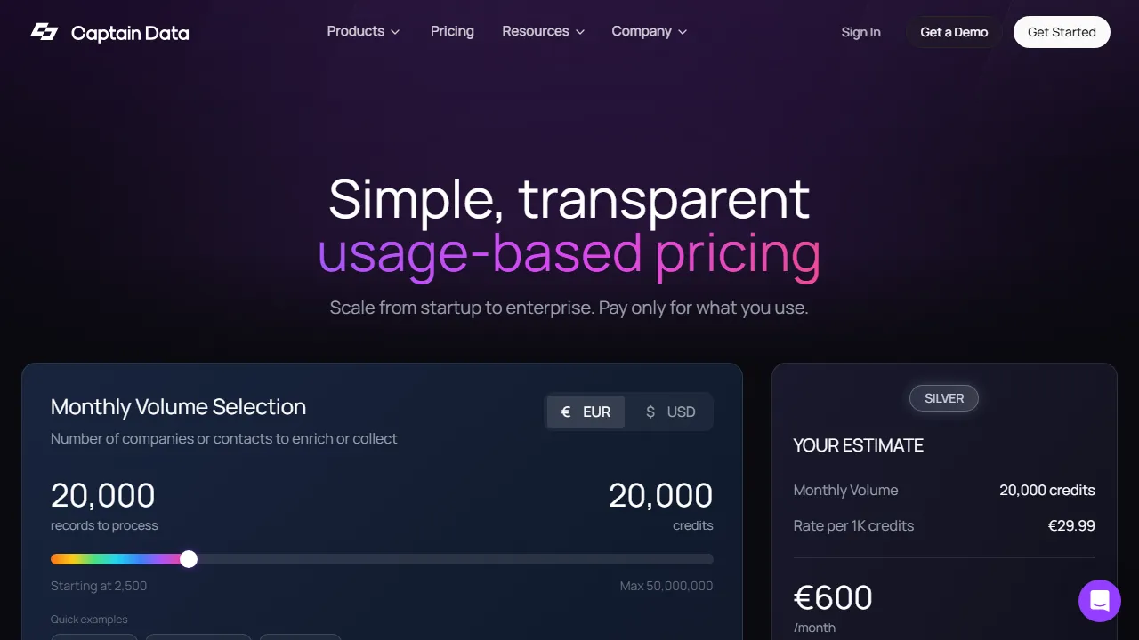 Captain Data pricing page: plans and rates
