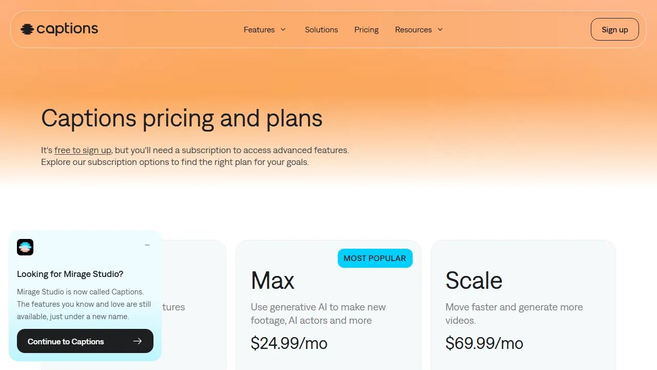 Captions pricing page: plans and rates