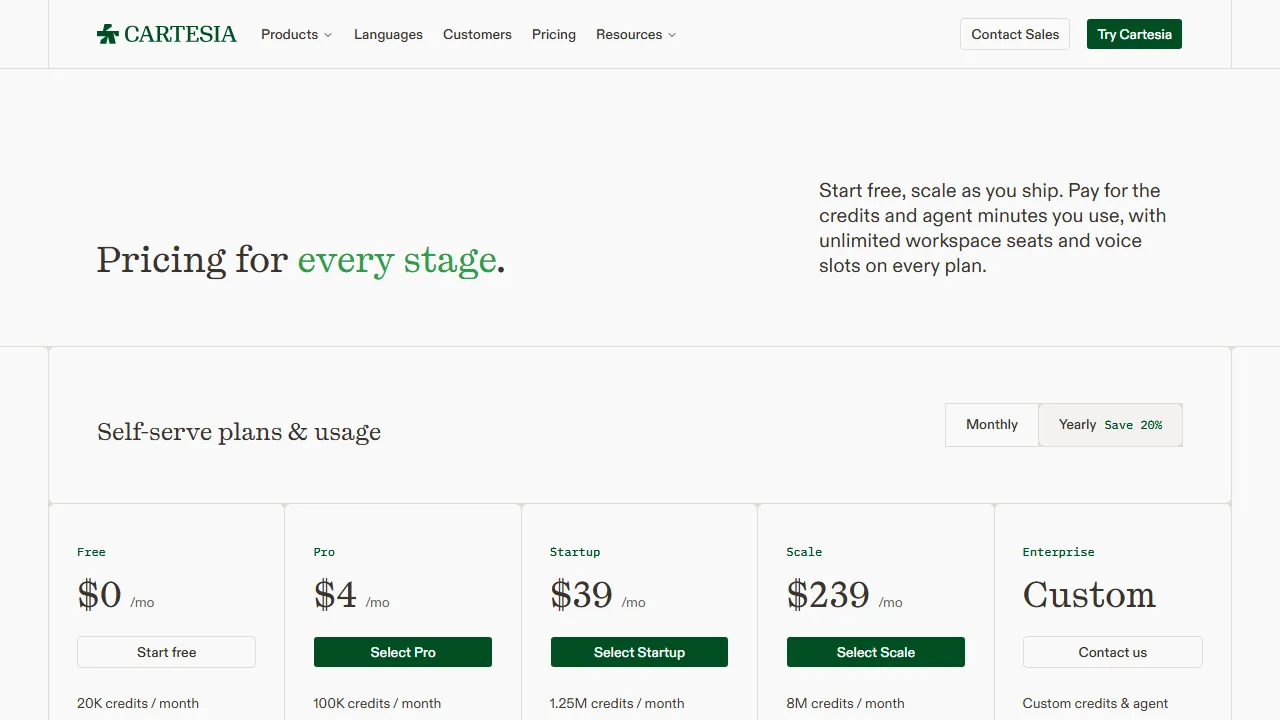 Cartesia pricing page: plans and rates