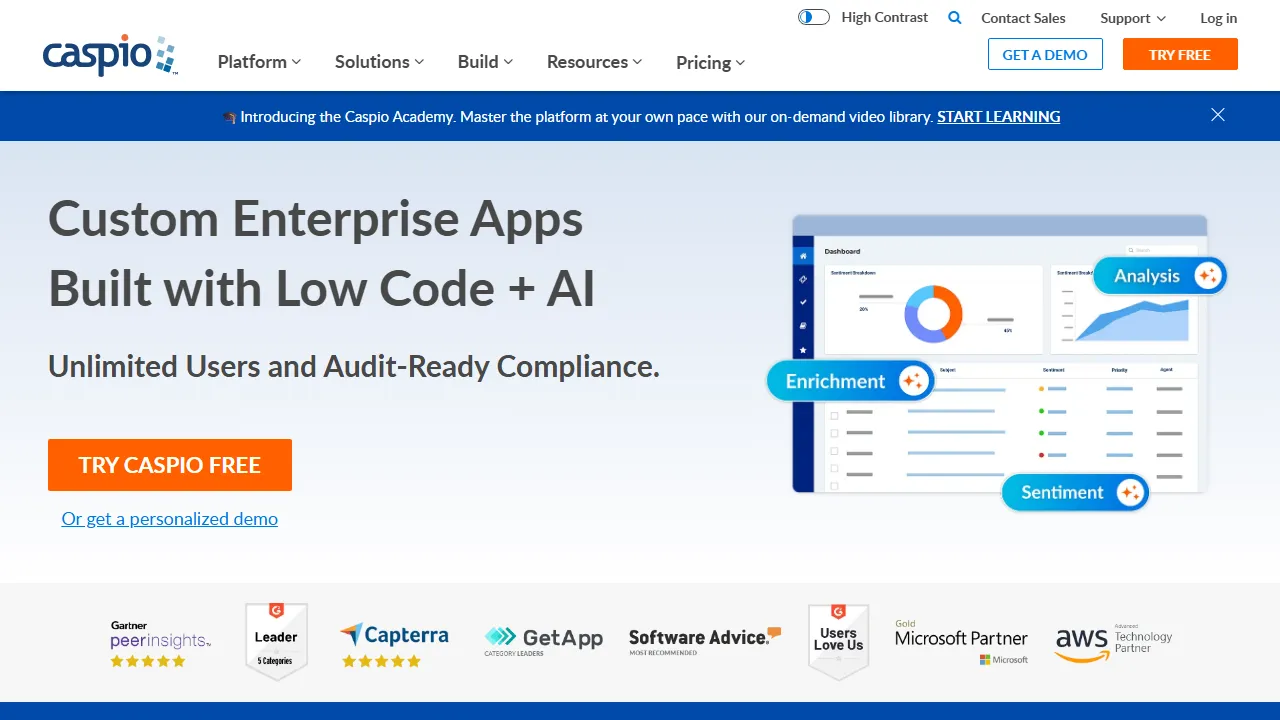 Caspio homepage, no-code AI tool
