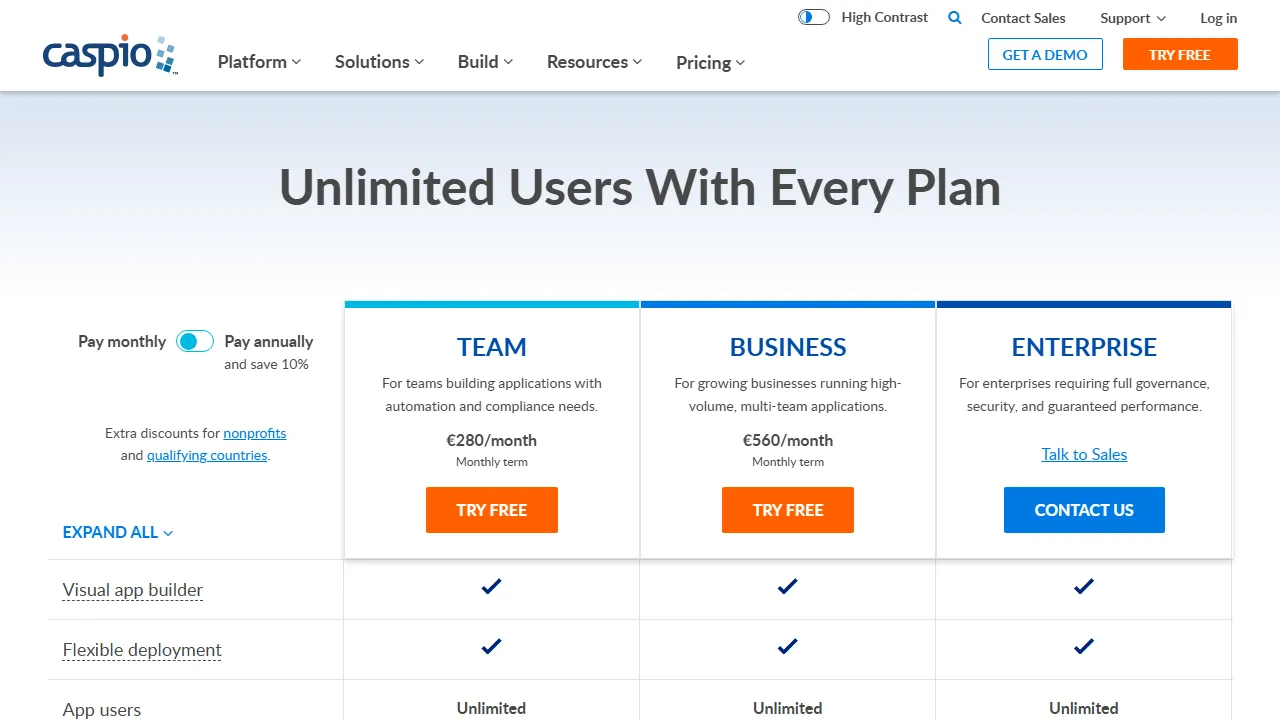 Caspio pricing page: plans and rates
