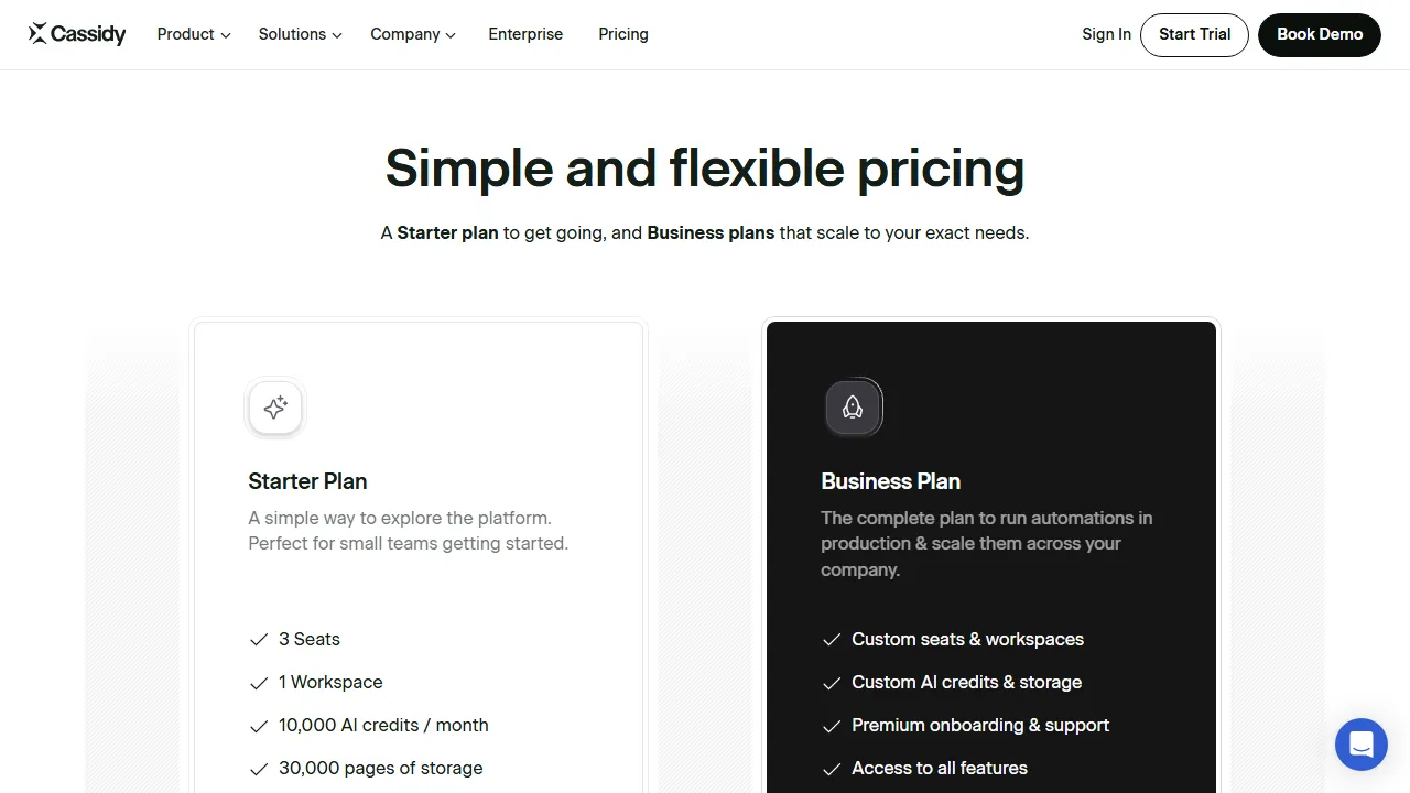 Cassidy pricing page: plans and rates