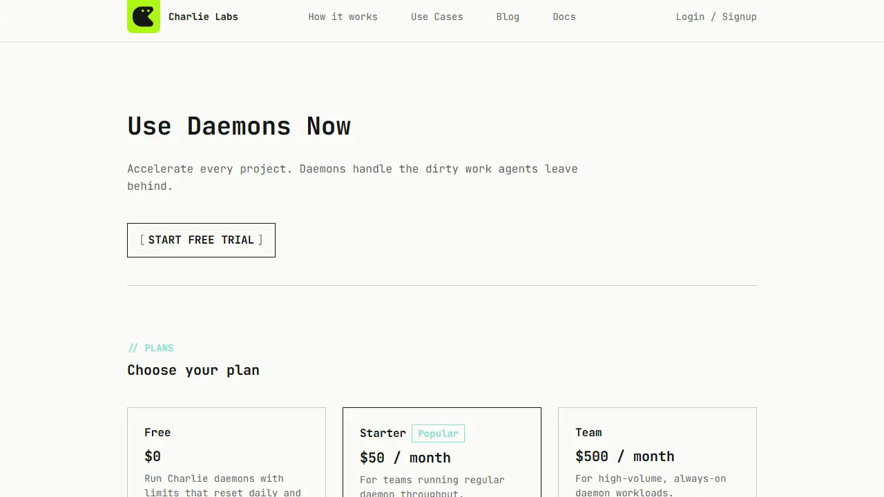 Charlie Labs pricing page: plans and rates