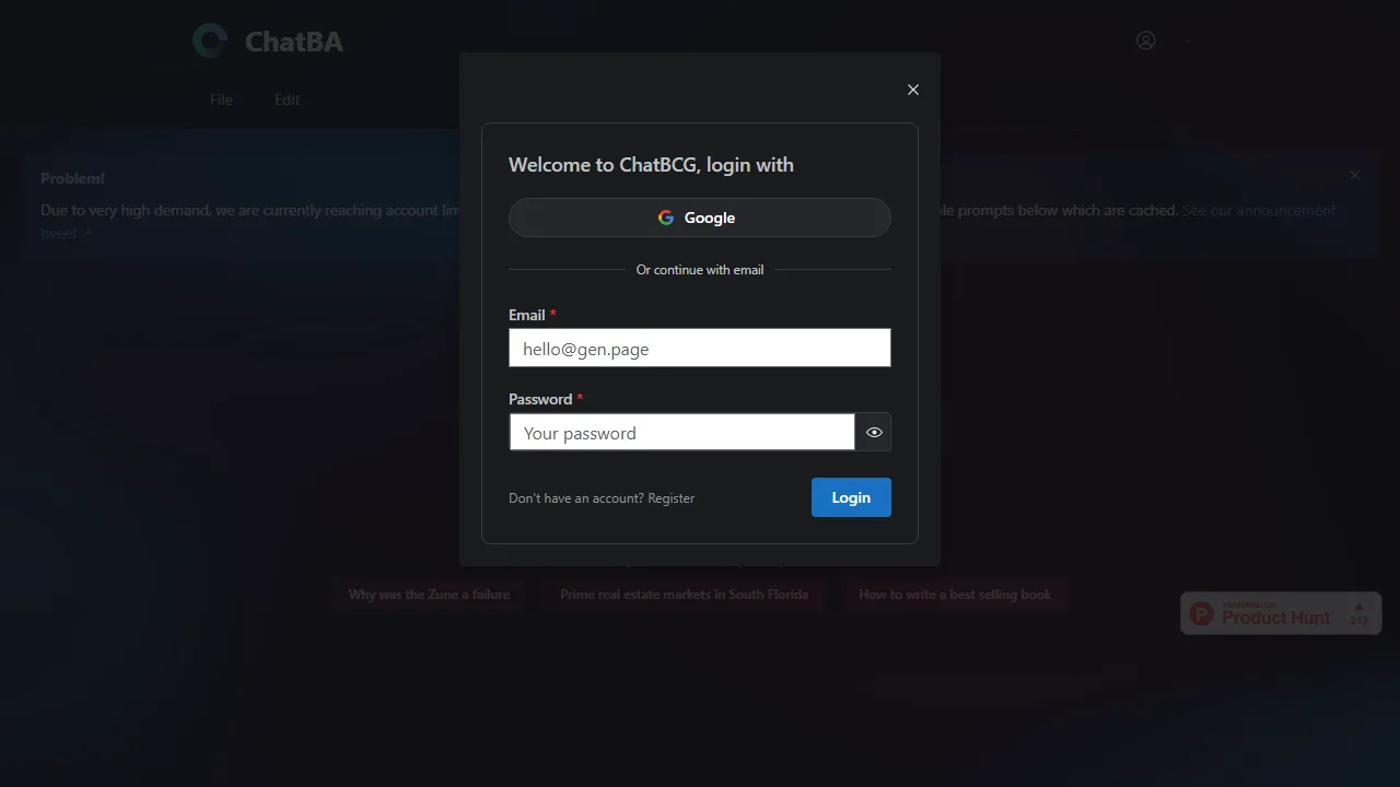 ChatBA homepage, presentation AI tool