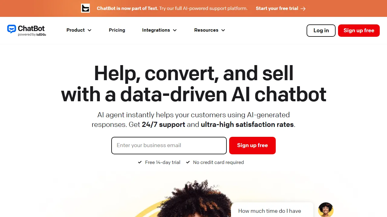 ChatBot.com homepage, customer support & sales AI tool