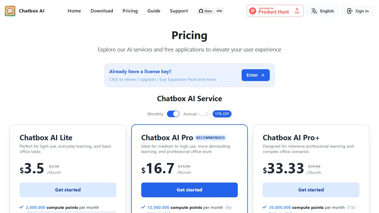 Chatbox pricing page: plans and rates