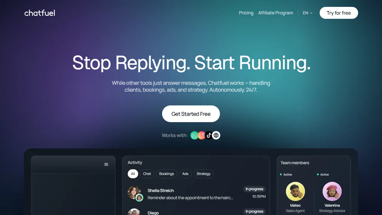 Chatfuel homepage, customer support & sales AI tool