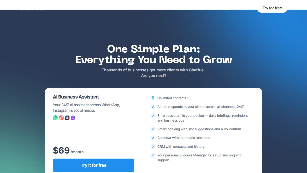 Chatfuel pricing page: plans and rates