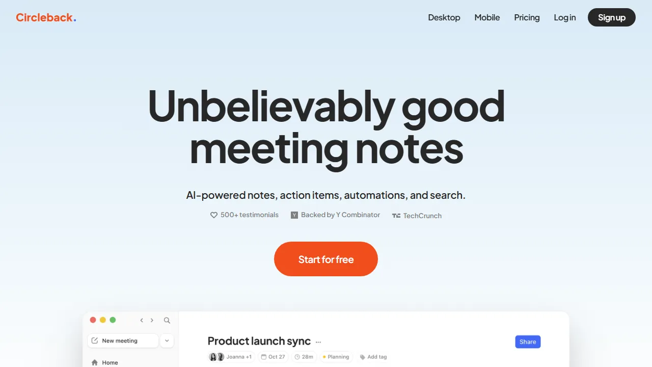 Circleback homepage, transcription & meetings AI tool
