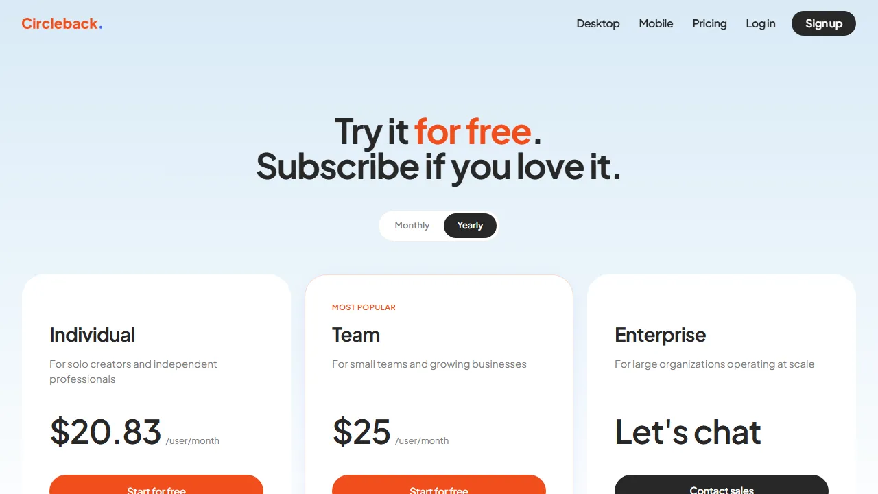 Circleback pricing page: plans and rates