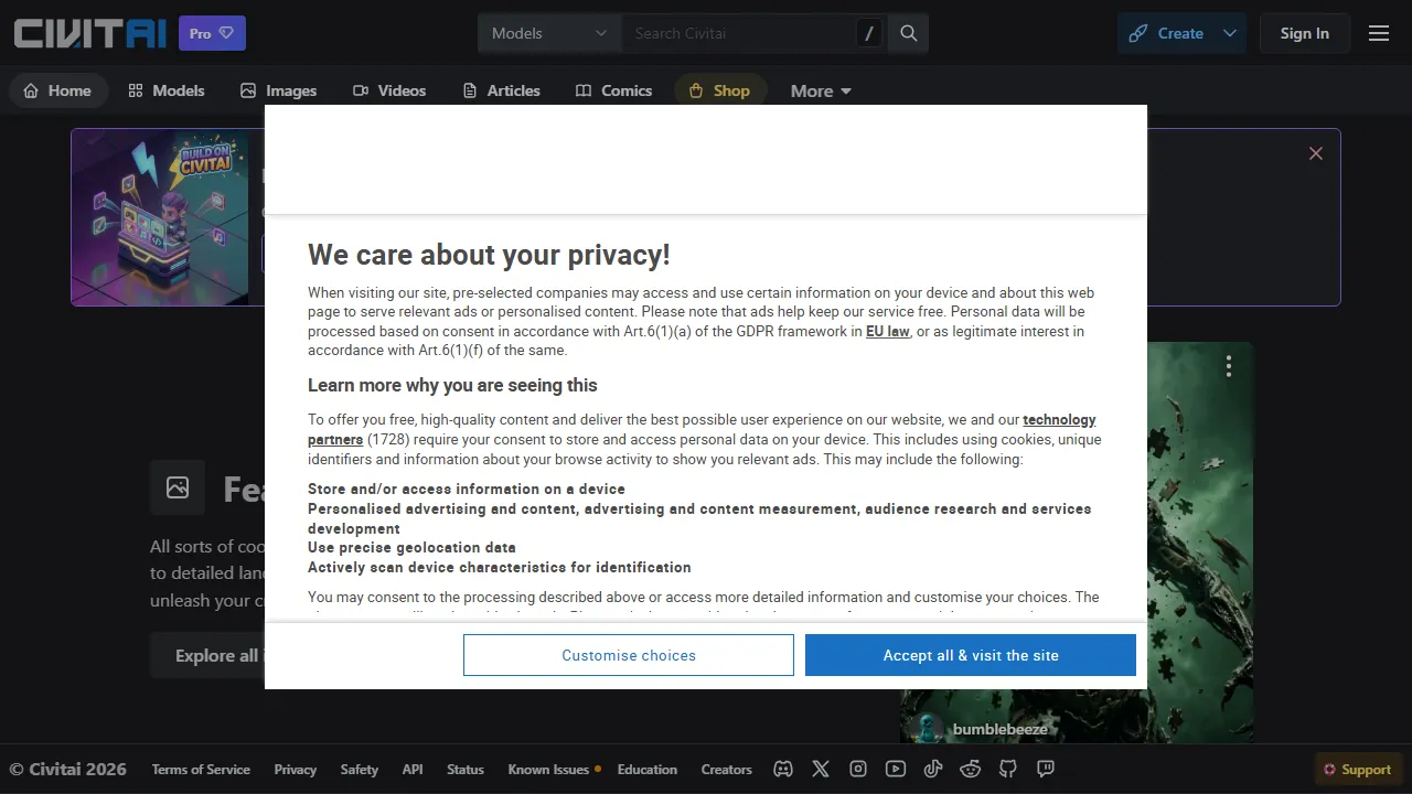 Civitai homepage, image AI tool