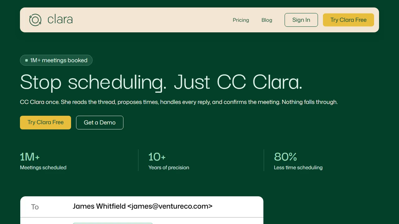 Clara homepage, productivity AI tool